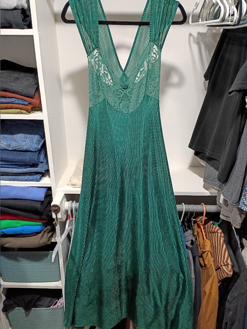 Vintage Sheer Emerald Lace Cross Back Night Gown